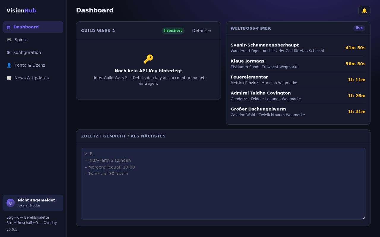 Vision Hub Dashboard mit Guild-Wars-2-Kachel, Weltboss-Timer und Notizen